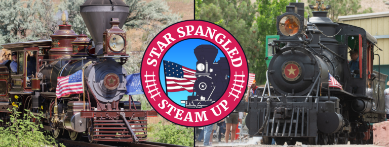 image featuring two steam engines and an icon that says Star Spangled Steam Up